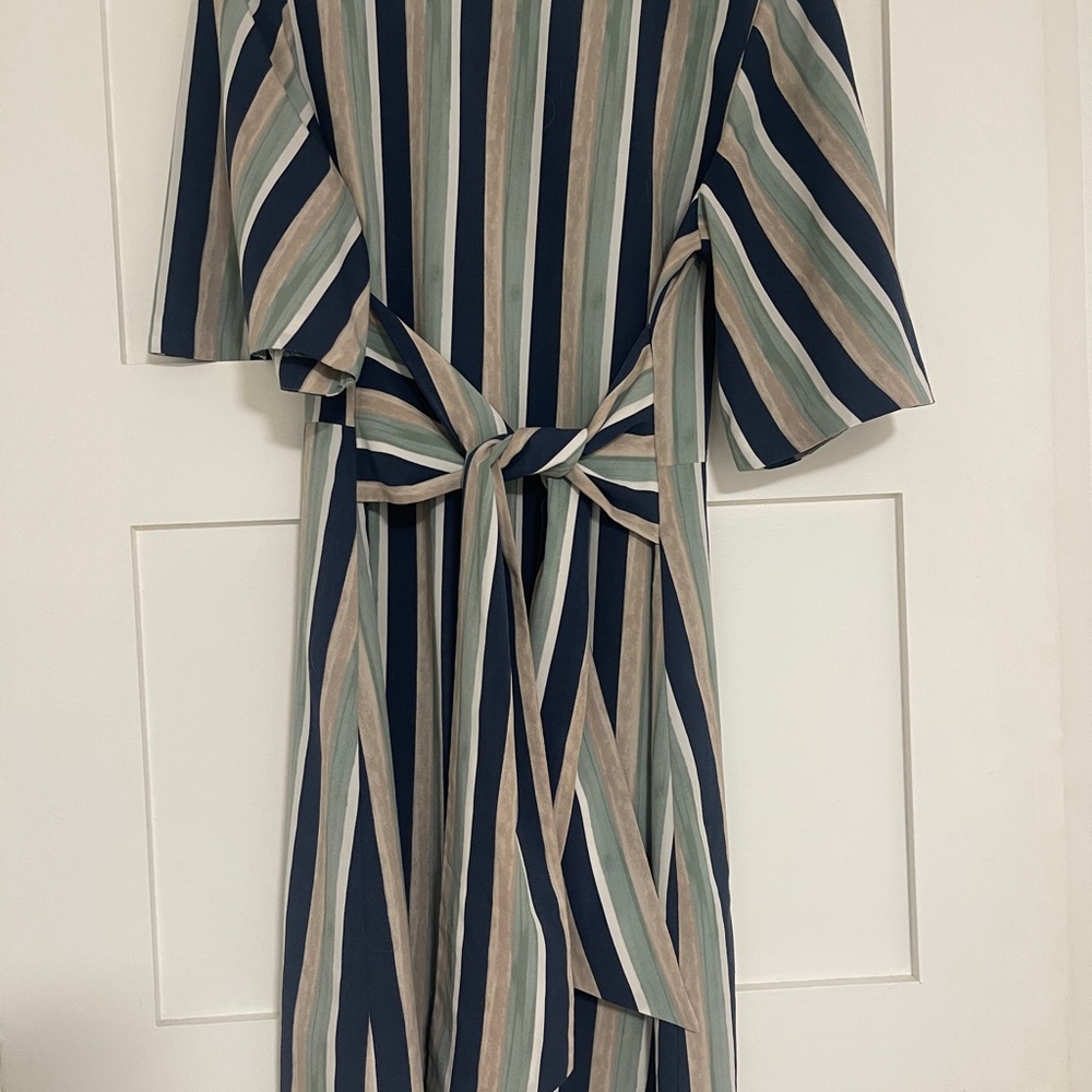 Ann Taylor Striped Tie-Waist Midi Dress in Navy, Sage, and Beige